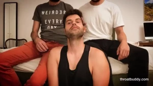 These two buddies having fun with my mouth and throat enjoy the