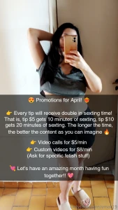 Promotions for april every tip will receive double in sexting time