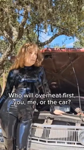 One of us isn t lasting latex catsuit rubber car tease ass femdom