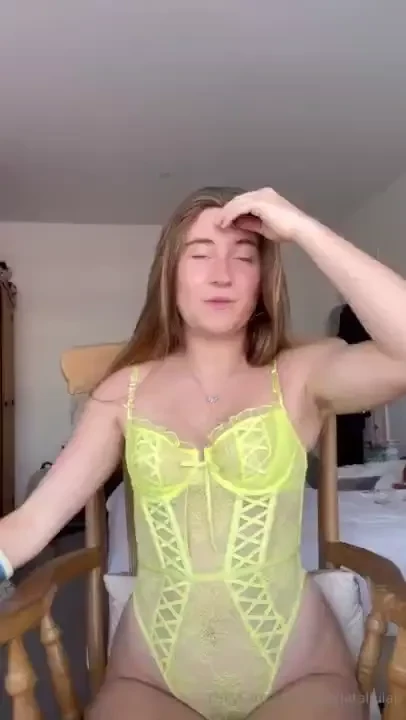 Shy girl strips for you out of her neon yellow lingerie and makes 