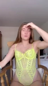 Shy girl strips for you out of her neon yellow lingerie and makes