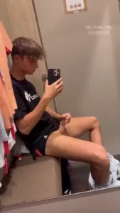 It was soo risky wanking in the changing room my boyfriend next door