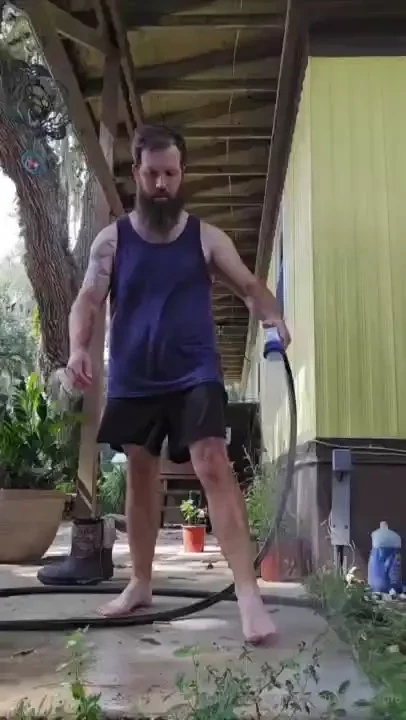 Hot and dirty after working outside so have to rinse off before 