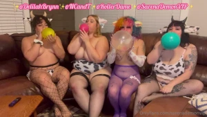 Four hucow babes blowing up balloons