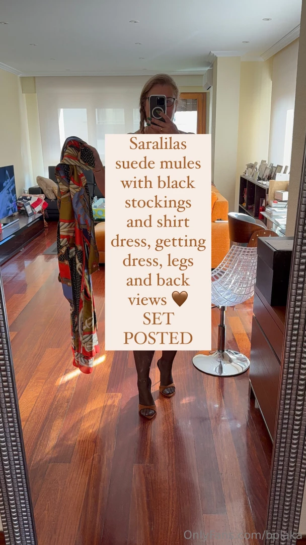 Saralilas suede mules with black stockings and shirt dress getting 