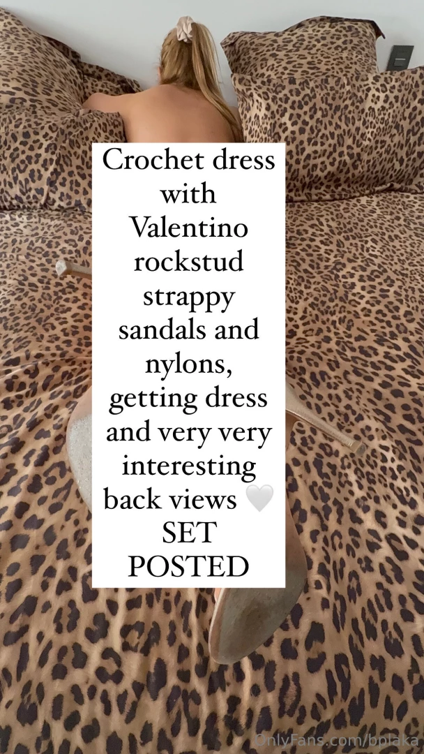 Crochet dress with valentino rockstud strappy sandals and nylons 