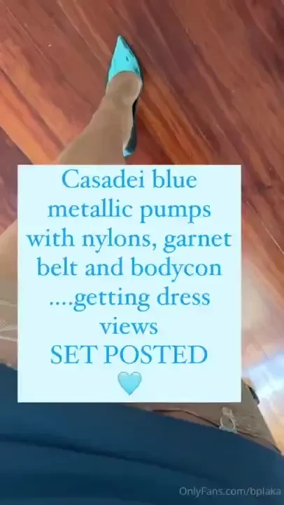 Casadei blue metallic pumps with nylons garnet belt and bodycon 