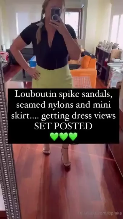 Louboutin spike sandals seamed nylons and mini skirt getting dress 