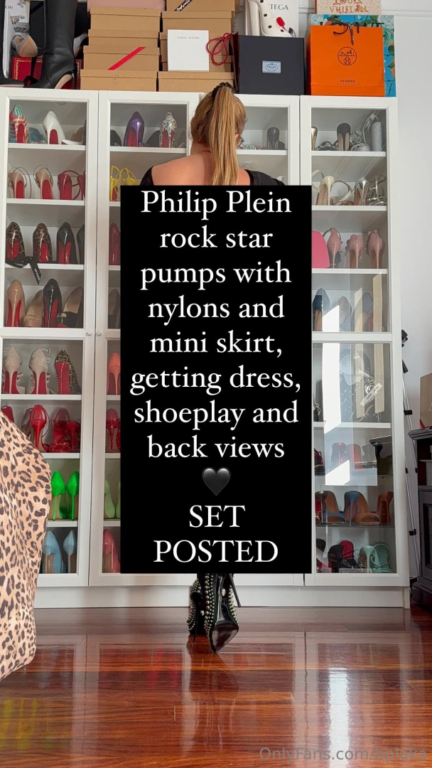 Philip plein rock star pumps with nylons and mini skirt getting dress 