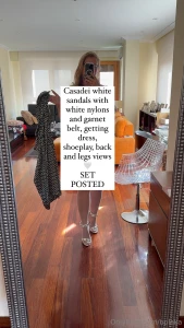 Casadei white sandals with white nylons and garnet belt getting dress