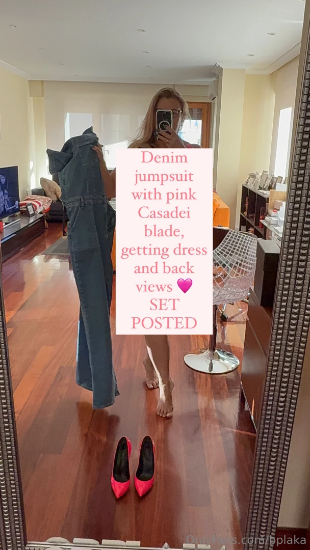 Denim jumpsuit with pink casadei blade getting dress and back views 