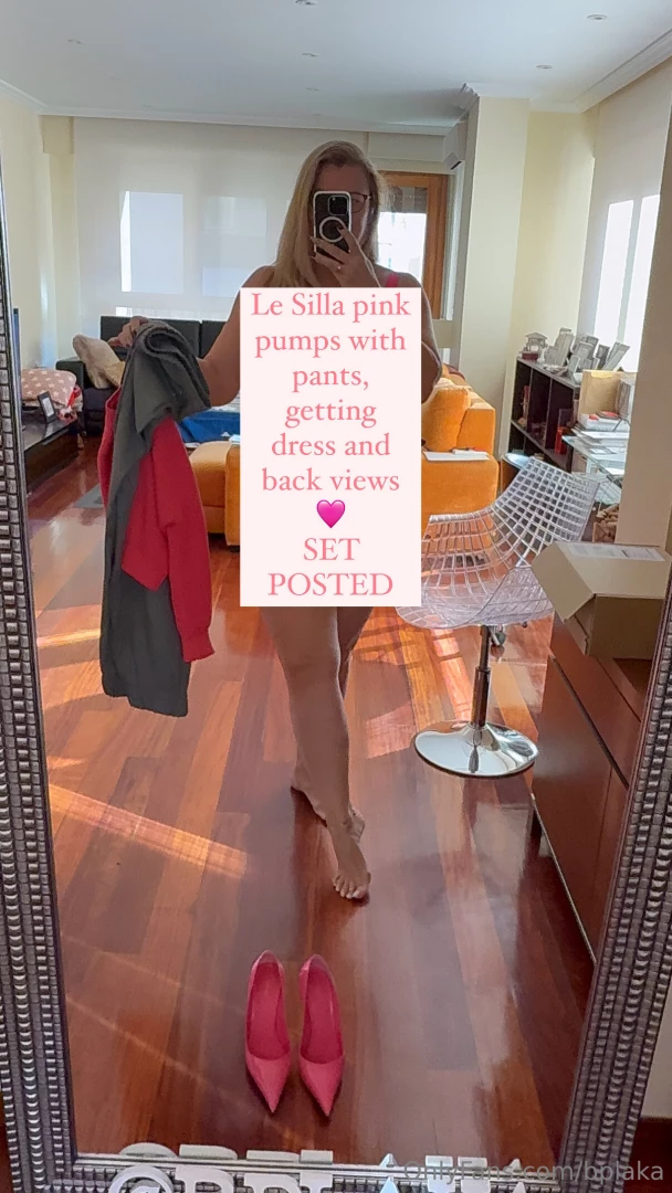 Le silla pink pumps with pants getting dress and back views 