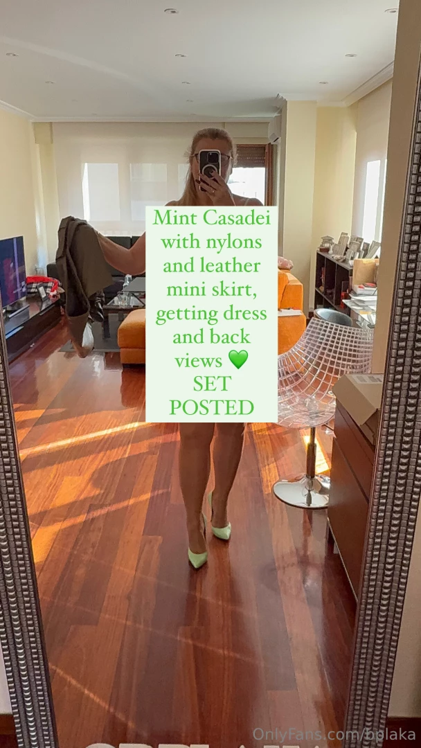 Mint casadei with nylons and leather mini skirt getting dress and back 