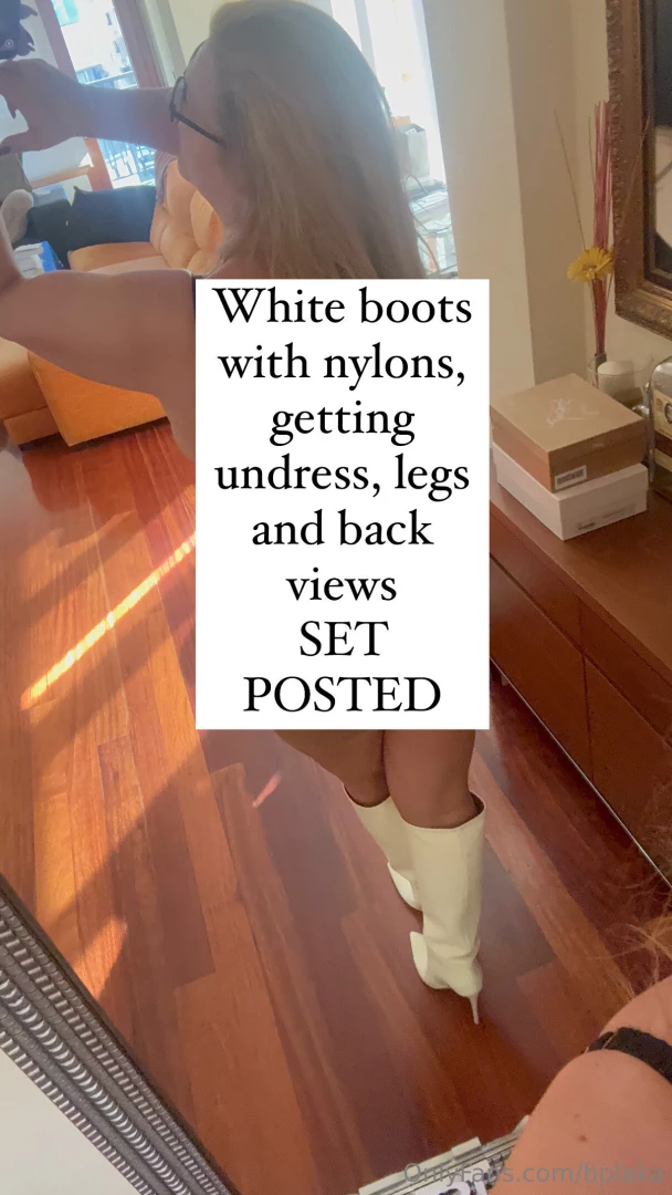 White boots with nylons getting undress legs and back views 