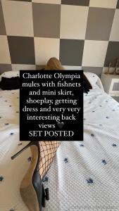 Charlotte olympia mules with fishnets and mini skirt shoeplay getting