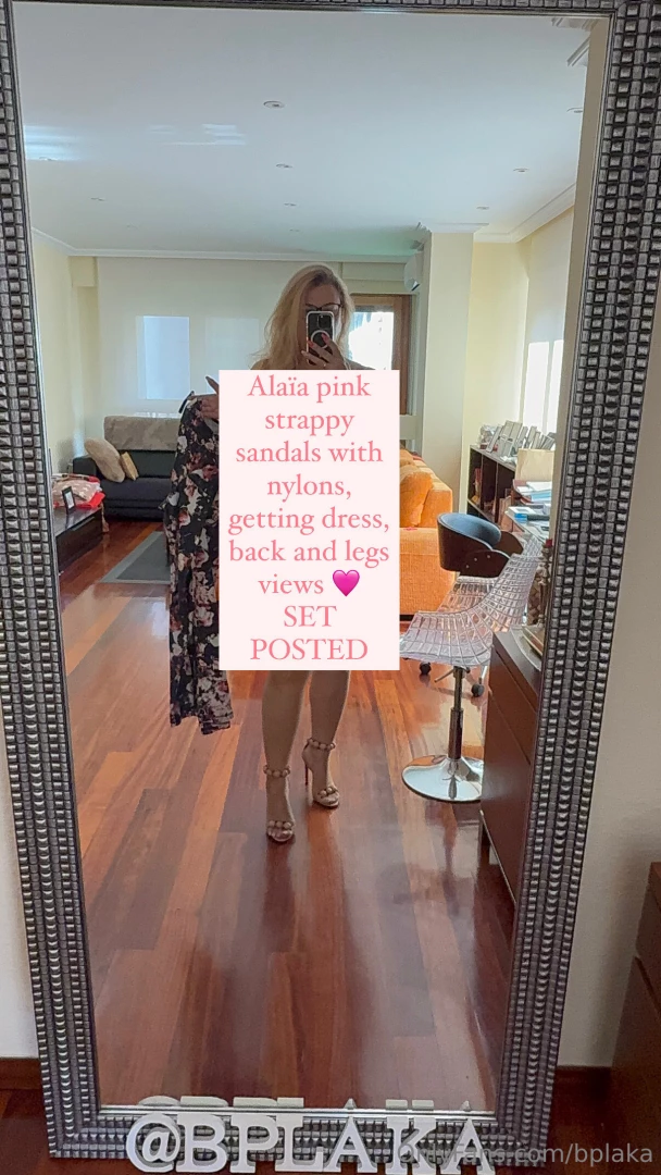 Ala a pink strappy sandals with nylons getting dress back and legs 