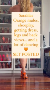 Saralilas orange mules shoeplay getting dress legs and back views and