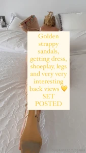 Golden strappy sandals getting dress shoeplay legs and very very