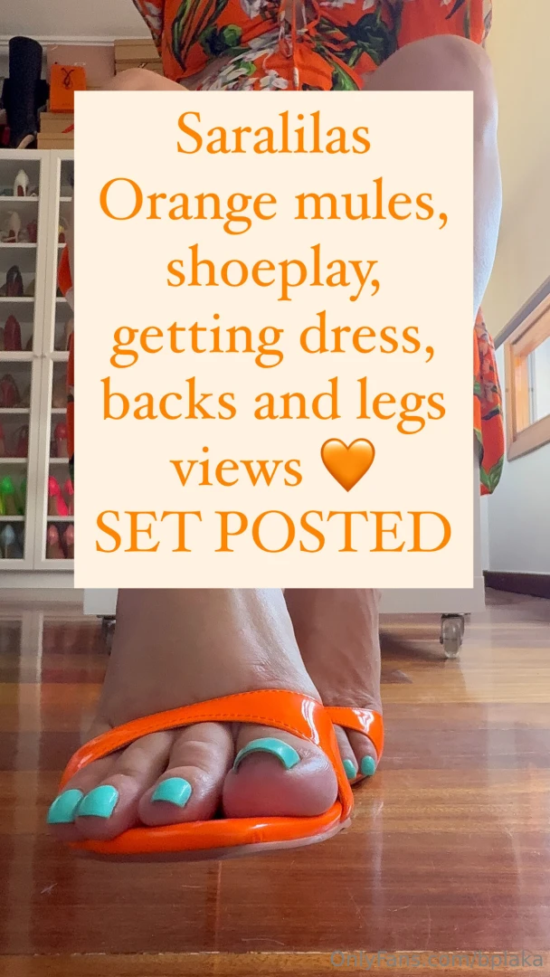 Saralilas orange mules shoeplay getting dress backs and legs views 