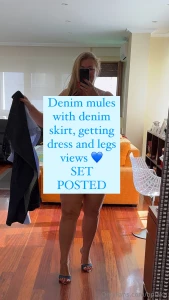 Denim mules with denim skirt getting dress and legs views