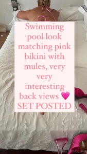 Swimming pool look matching pink bikini with mules very very