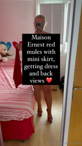 Maison ernest red mules with mini skirt getting dress and back views