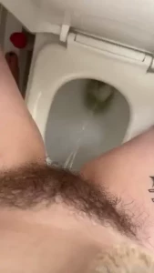 My pov of my hairy pussy peeing in the toilet stood up
