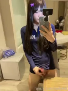 Lustful policewoman sounding to listen to and eat her own sperm