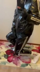 Horny in latex suit and cummed pvc gear and cummed adidas hoodie
