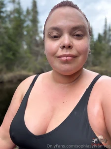 All natural and showing off cleavage in my new one piece at the river part 2