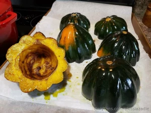 Acorn sqaush soup tonight with a touch of apple carrots onion cinnamon part 2