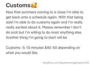All payments for customs can be made here through onlyfans please just
