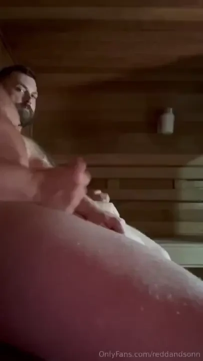 Sauna play sonn showing off his big bouncing balls his cumshot 
