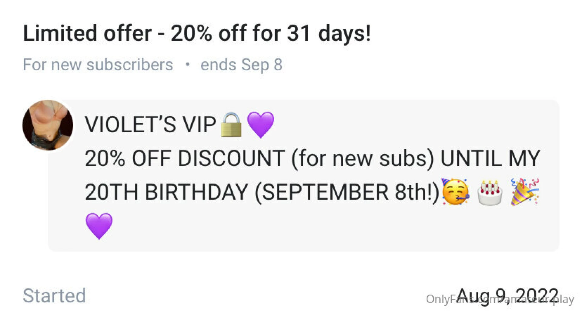 20 off on my vip account until my 20th birthday september 8th 