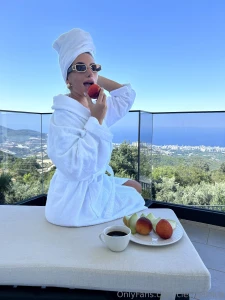 Morning on the terrace with a stunning view of the sea and mountains a