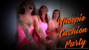 Woopie cushion party 3 girls all in hot shiny pvc and all sitting on