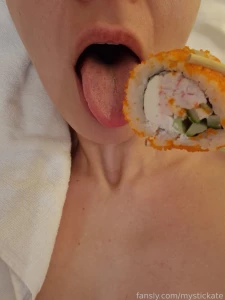 Eating sushi in a hotel room fyp selfie solo pussy tongue lips bush part 2