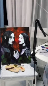 I painted two mysterious characters with intense looks against the