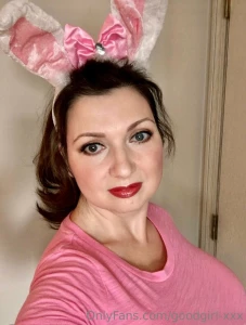 Pink bunny ears to hop around in my pink top with my bouncing big tits