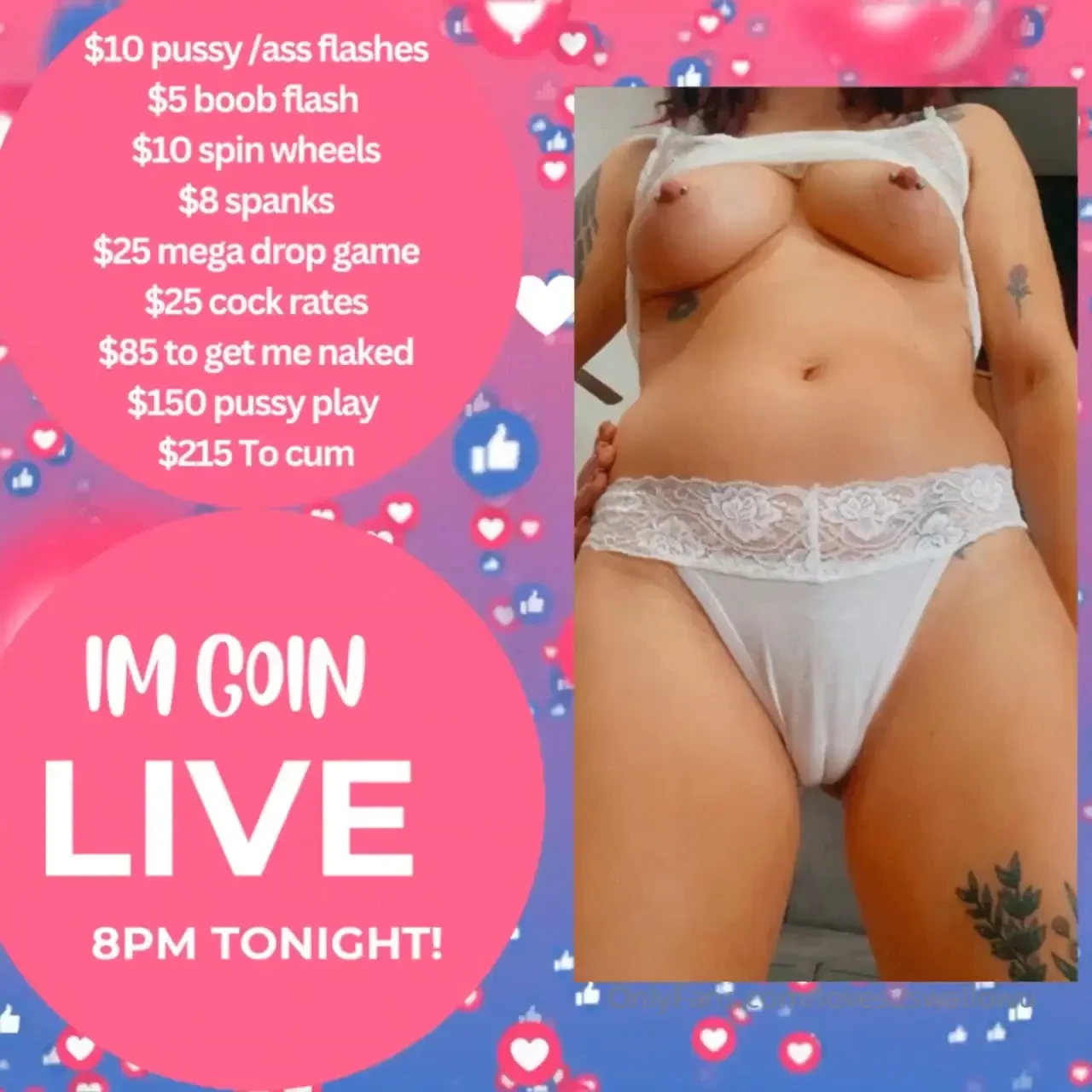 Going live tonight 8pm est 10 pussy amp ass flashes 5 boob flash 10 