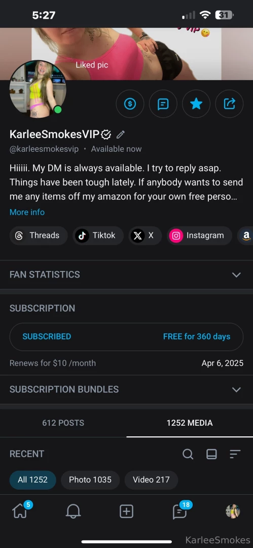 My vip has 1035 pictures and 217 videos karleesmokesvip 