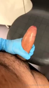 Stroking my thick cock and busting a big load at work with my gloves part 2