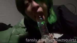 Sucking on my dildo for the first time literally in tearss at the end part 2