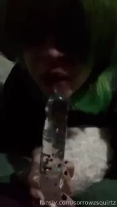 Sucking on my dildo for the first time literally in tearss at the end part 1
