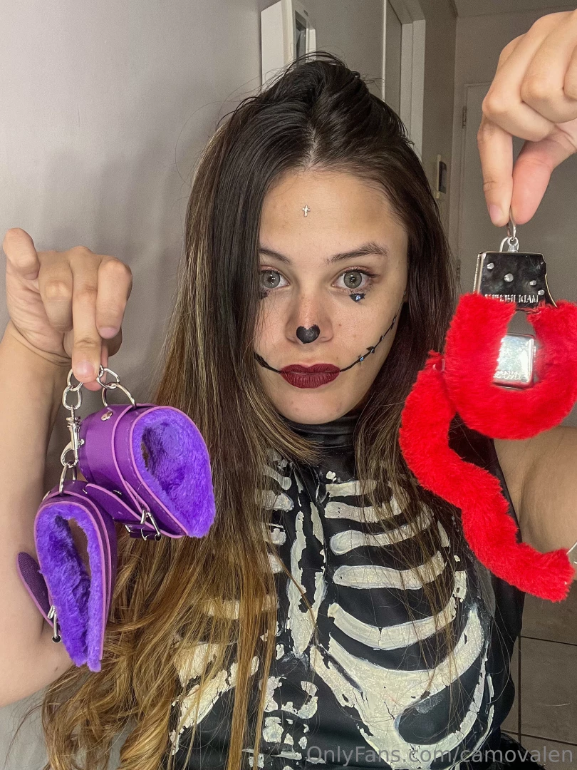 Ready to be my toy you choose if red or purple handcuffs 