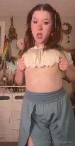 Flowy blue pants and some high pigtails