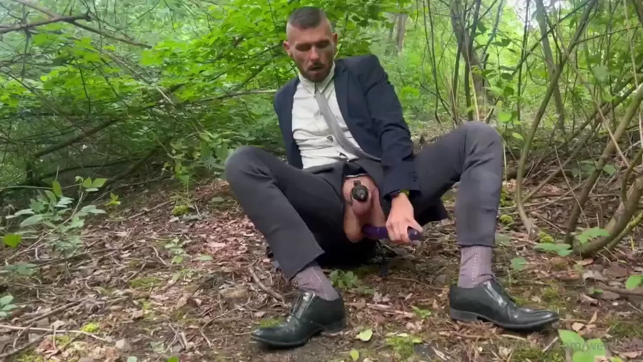 In suit and tie and sheer socks playing with my male-pussy just after 