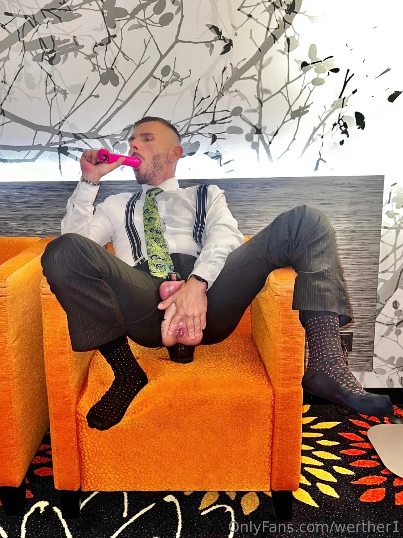 Green tie dress socks and open crotch pants - fun with my pink dildo 