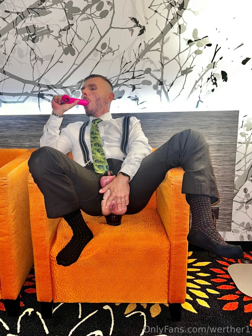 Pink dildo and open male pussy in suited style part 1 