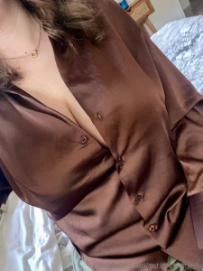 Some more photos of me in that brown silk blouse from date night last part 1